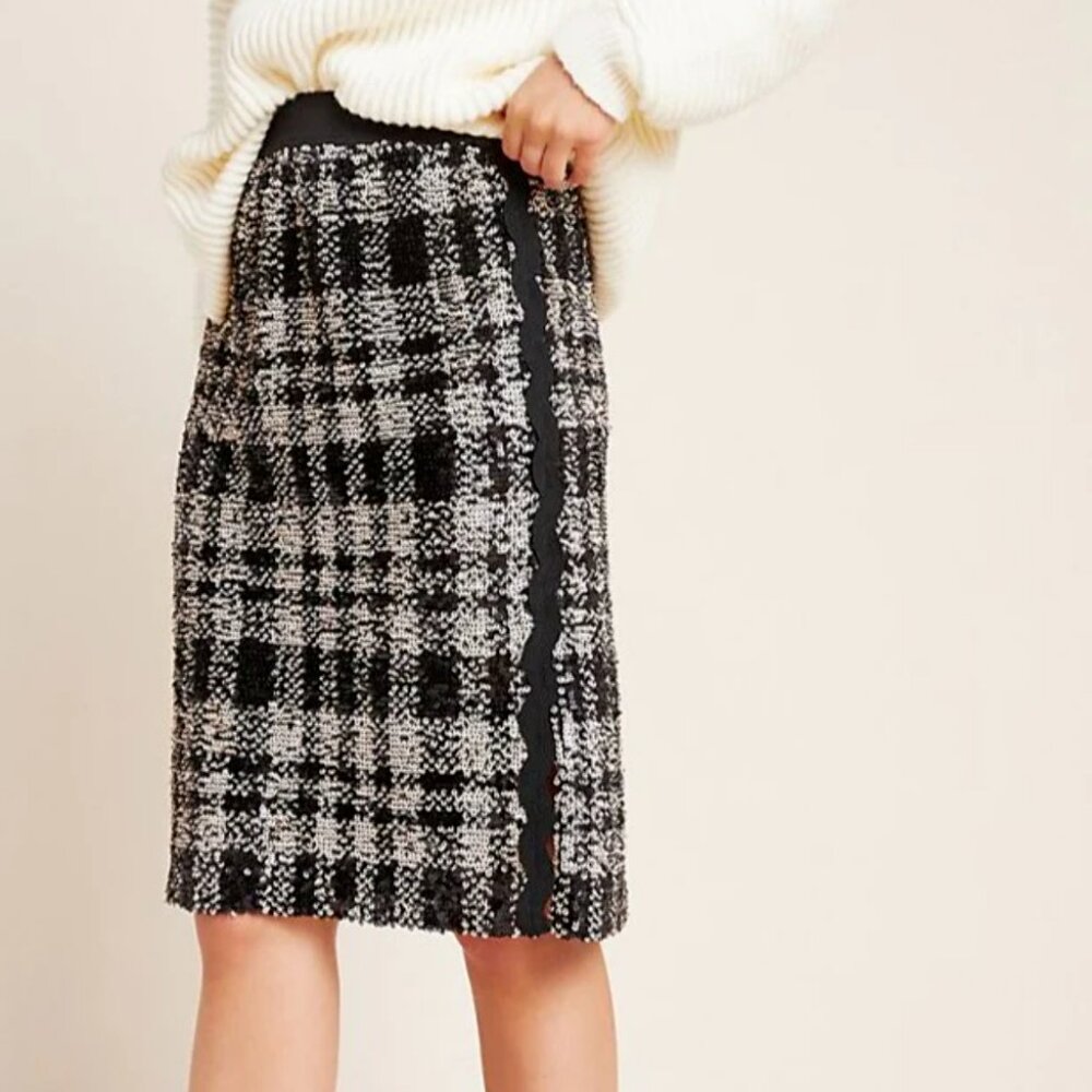 Anna Sui Anthropologie Black Plaid Sequin Pencil Skirt XS Cocktail Party